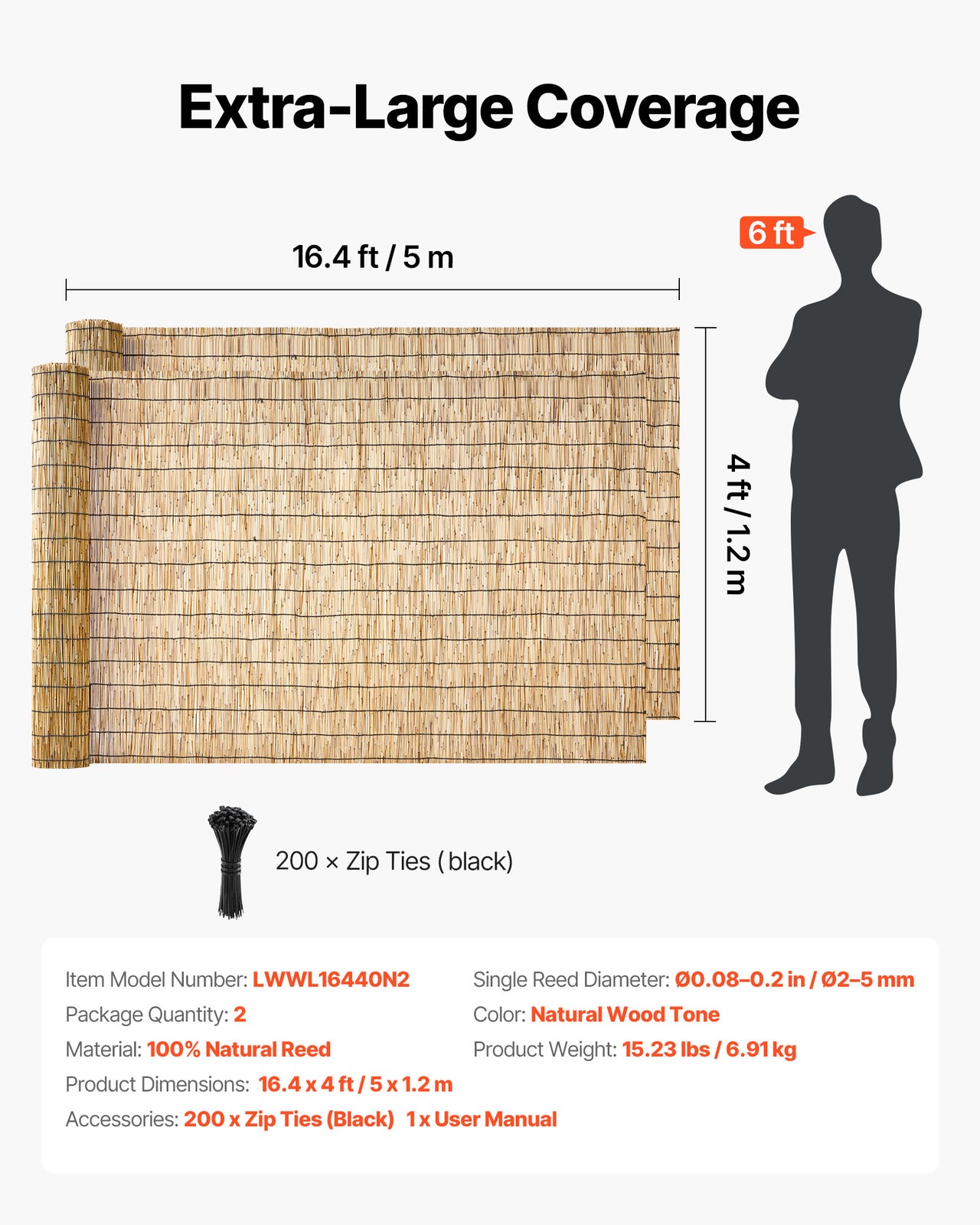 VEVOR Natural Reed Fencing Fence Panel 4 ft x 16.4 ft 2 Pack Privacy Screen Roll