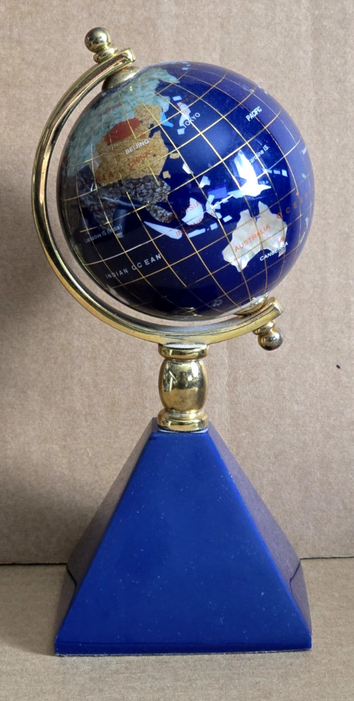 Blue Lapis Gemstone Desktop Globe with Quartz Clock 7" Tall