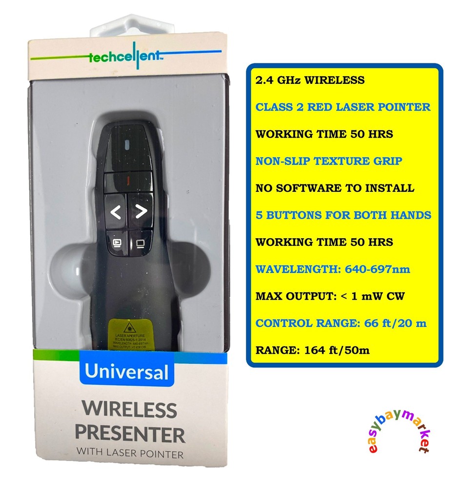 Techcellent Universal Wireless Presenter With Laser Pointer 164FT/50Hr/2.4 GHZ