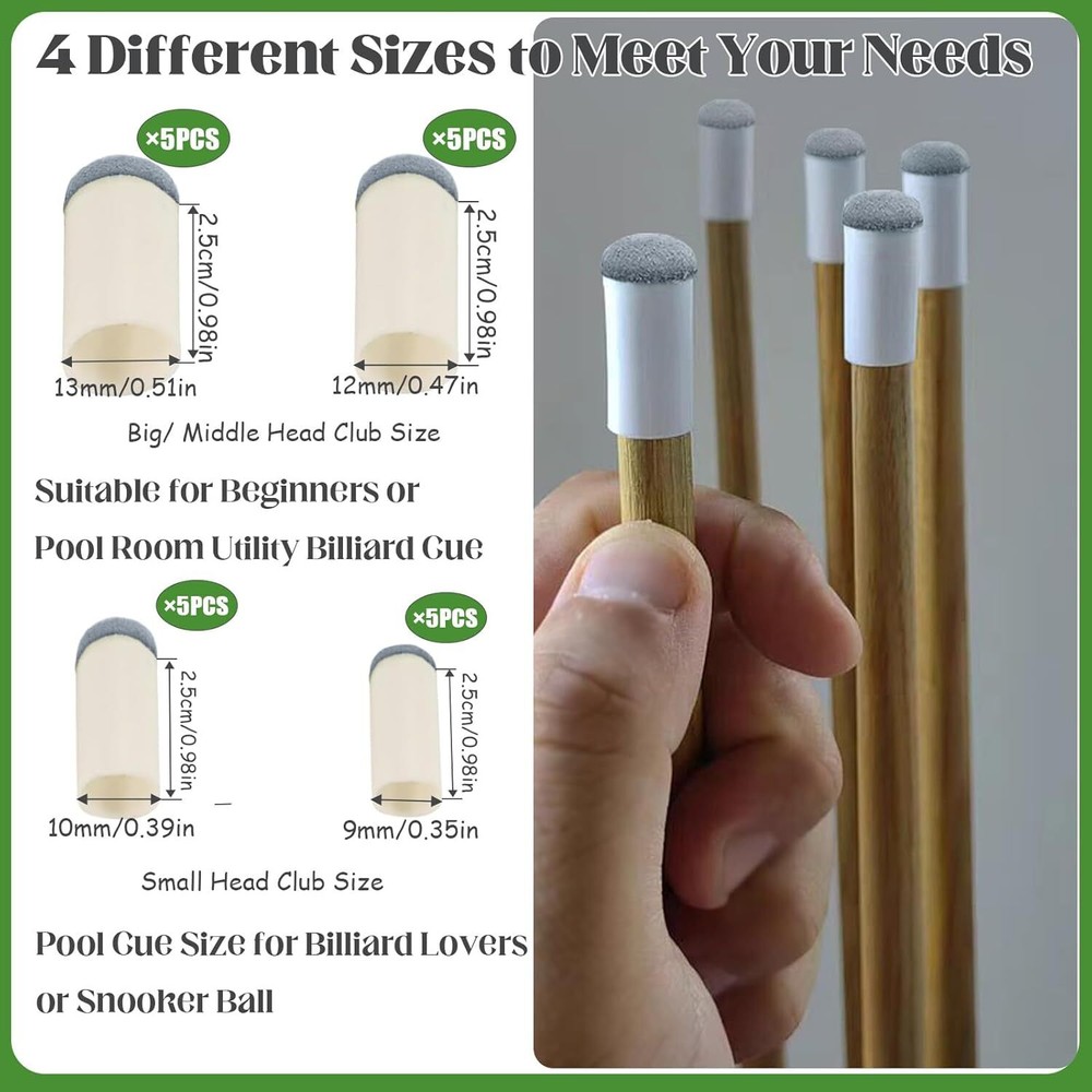 20-Piece Pool Cue Tip Replacement Kit, 4 Sizes for Billiard Accessories
