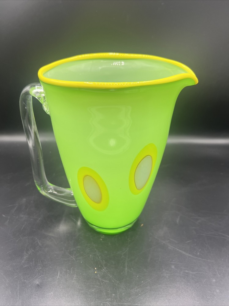 Art Glass Pitcher Hand Blown Lime Green with Applied Handle