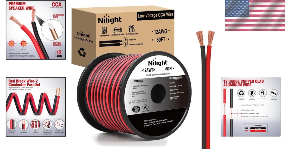 Versatile 50FT 12 Gauge CCA Cable - Red & Black for Easy Project Customization