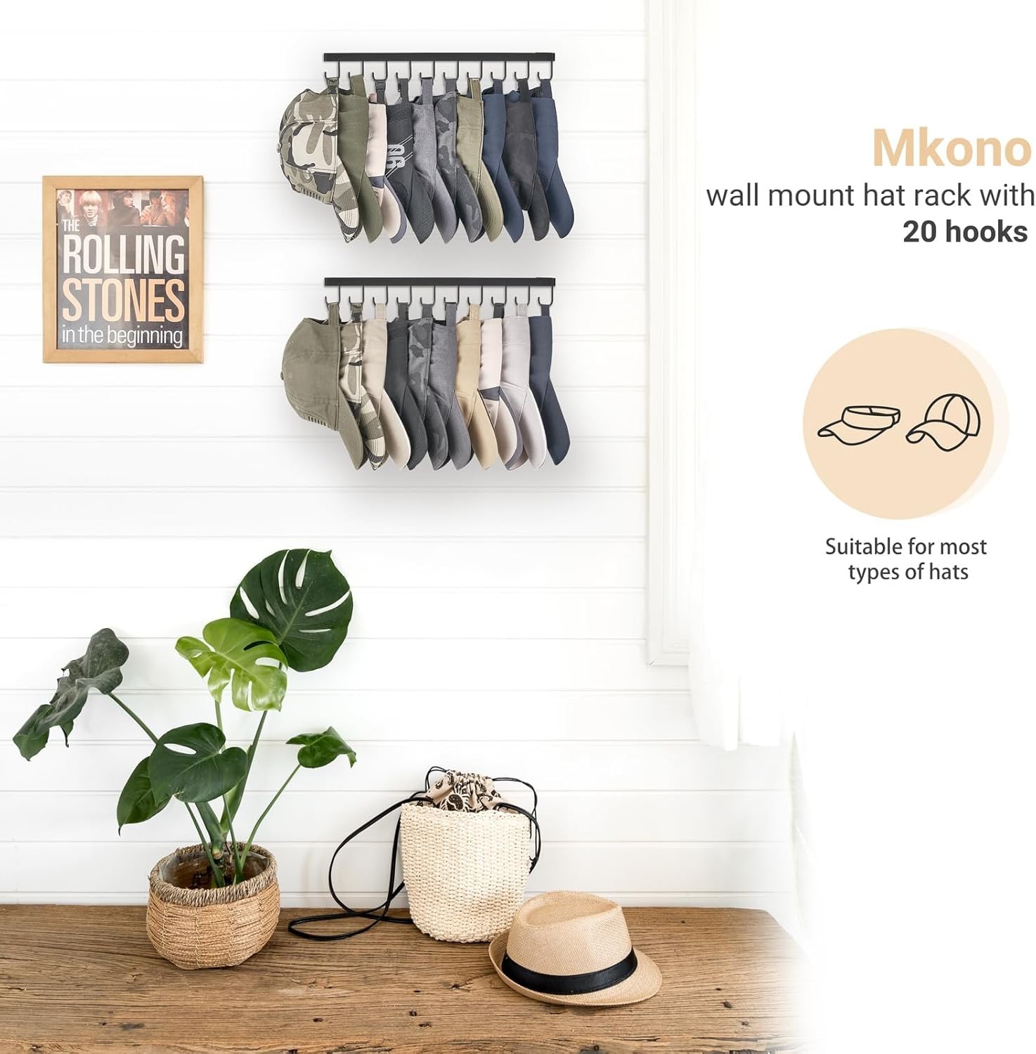 Mkono Hat Rack Wall Mount Set of 2 Hat Storage Organizer for 20 Baseball Caps, M