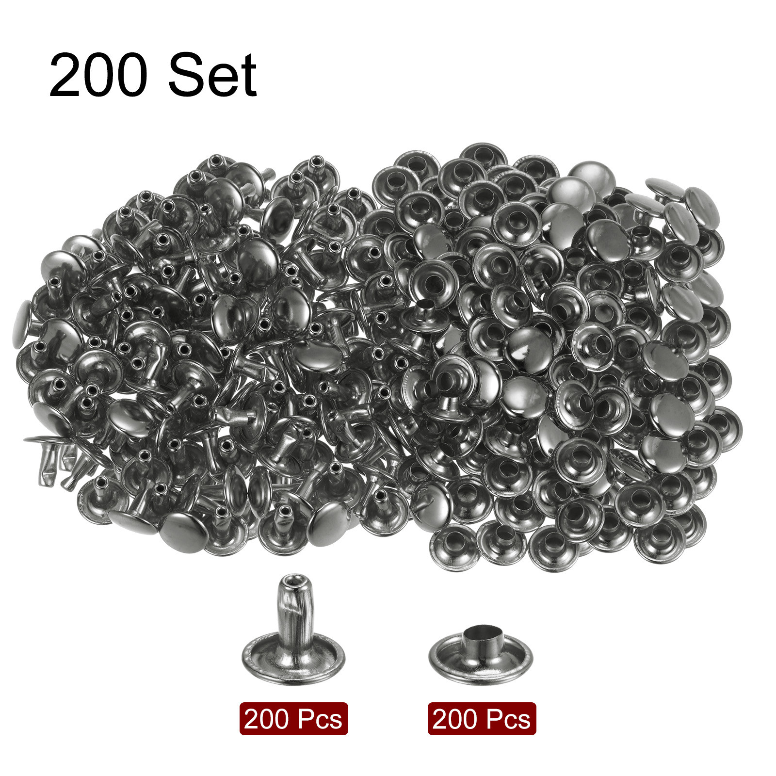 200 Sets Leather Rivets 9mm x 8mm Metal with 3 Setter Tools Gunmetal