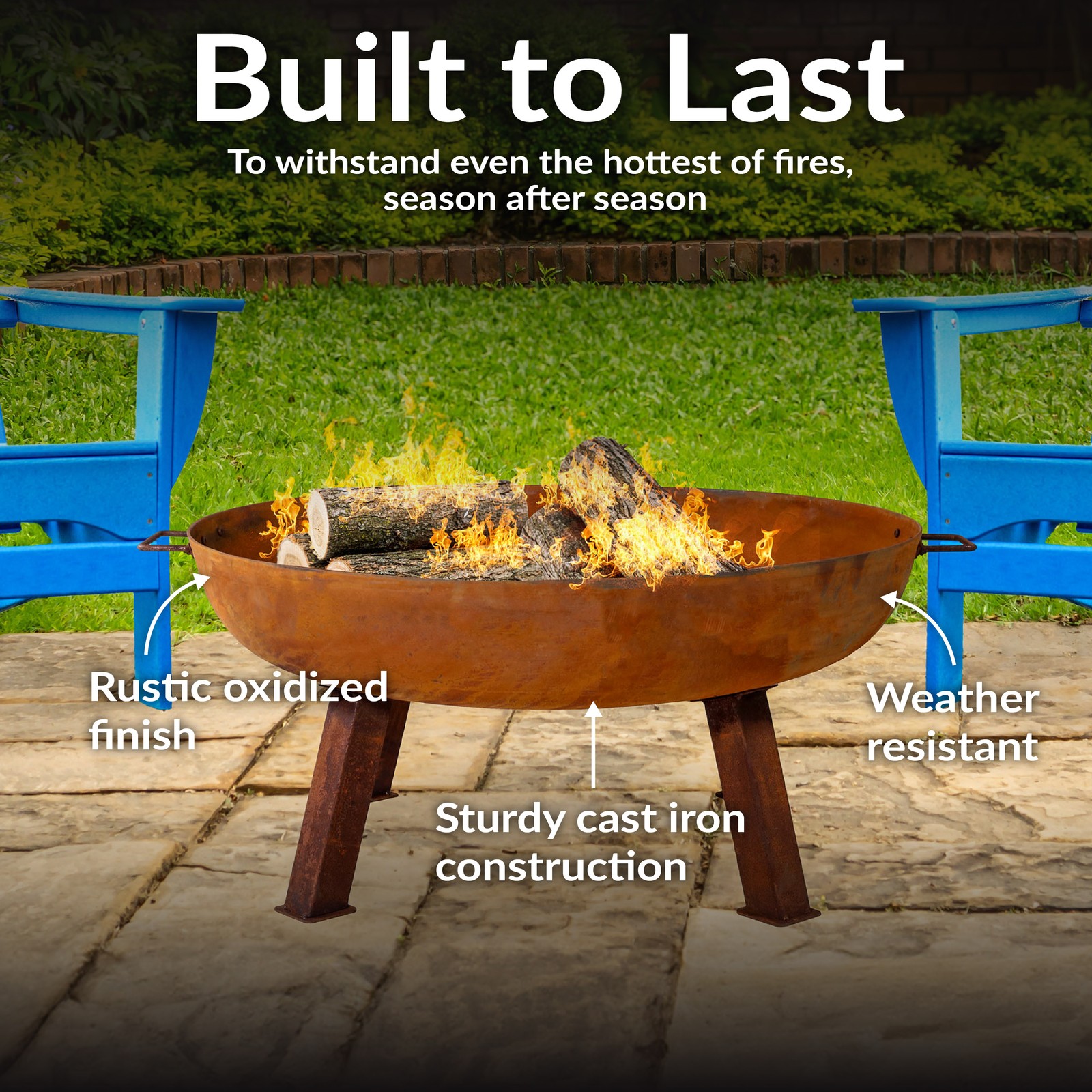 34 in Rustic Cast Iron Fire Pit Bowl with Stand by Sunnydaze
