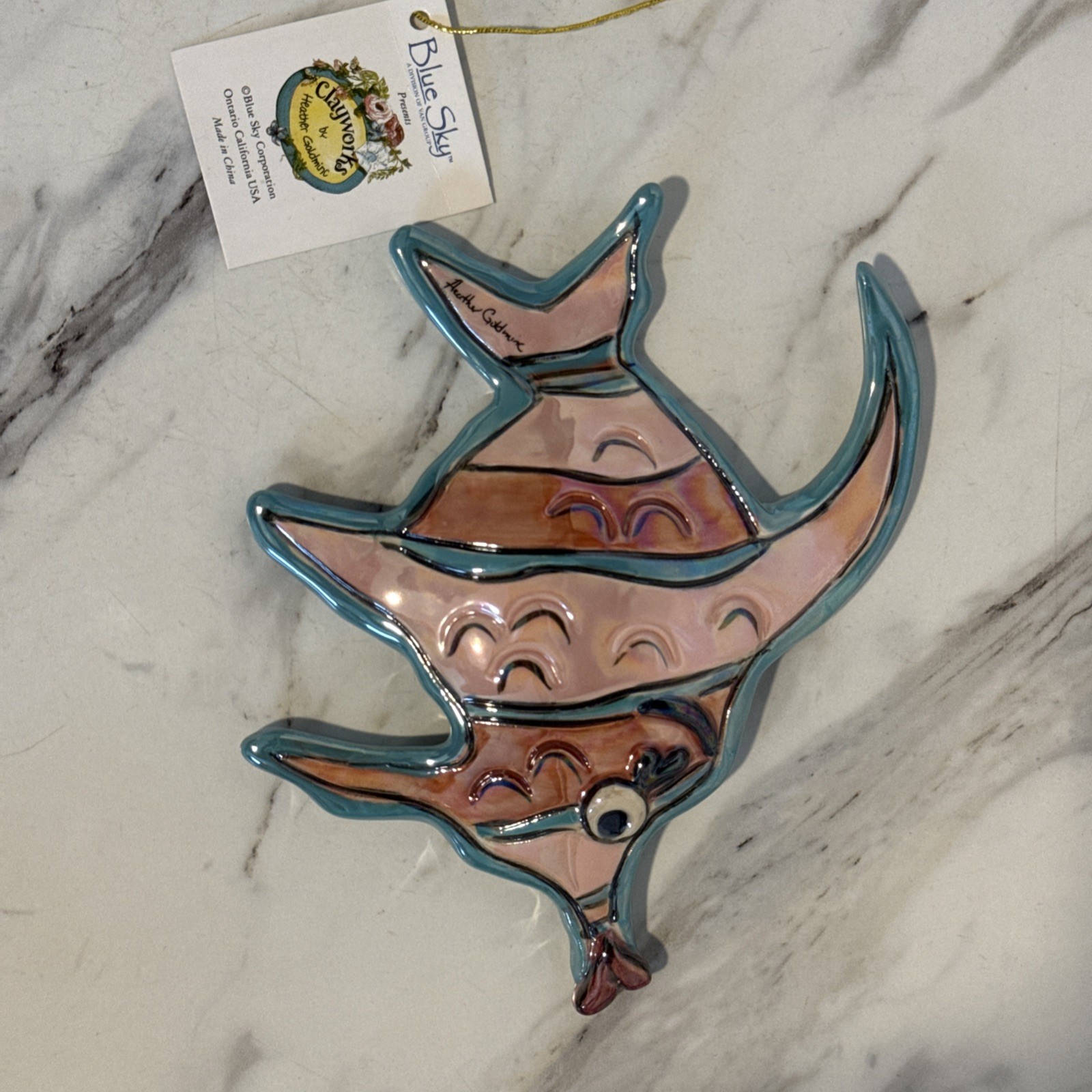 Clayworks Blue Sky Ceramic Angel Fish Wall Plaque Art Small Heather Goldminc