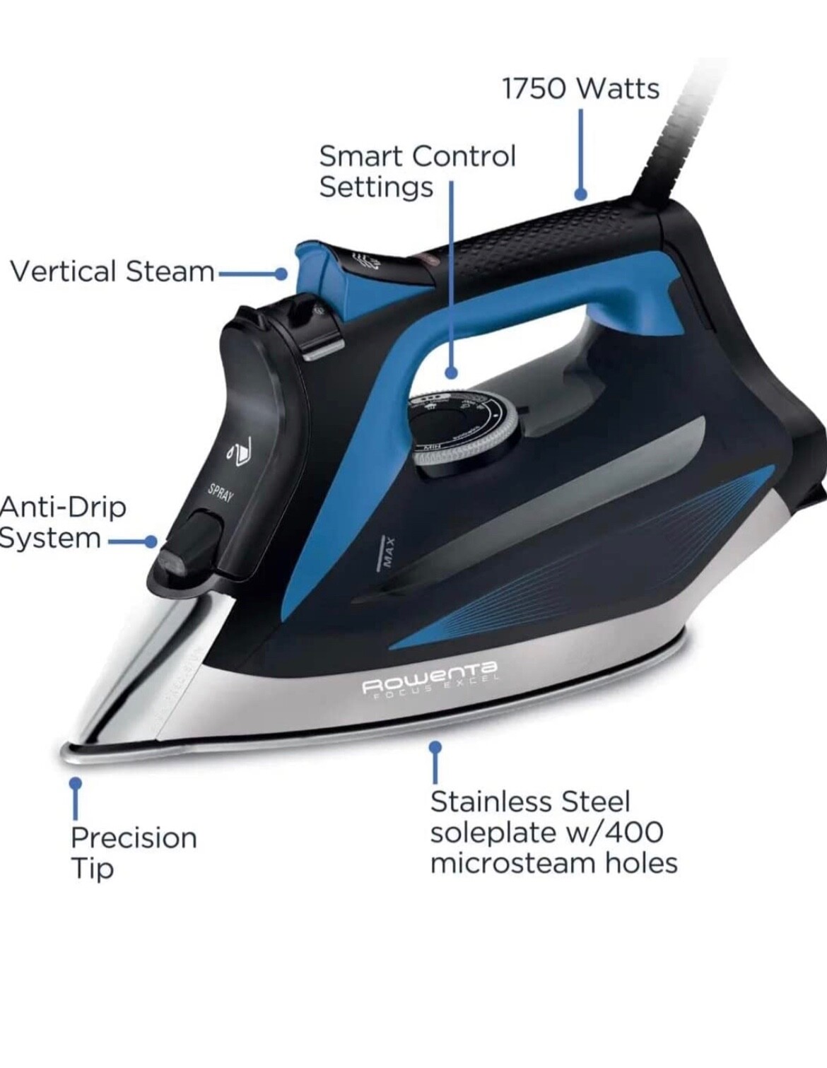 Rowenta DW5360 1750 Watt Focus Xcel Iron with Steam boost, Anti Drip, Auto Off.
