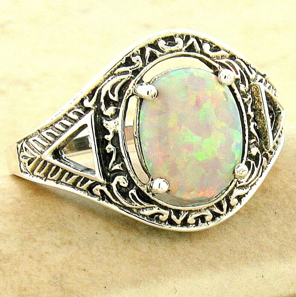 ANTIQUE STYLE 925 SOLID STERLING SILVER LAB-CREATED OPAL FILIGREE RING     1107X