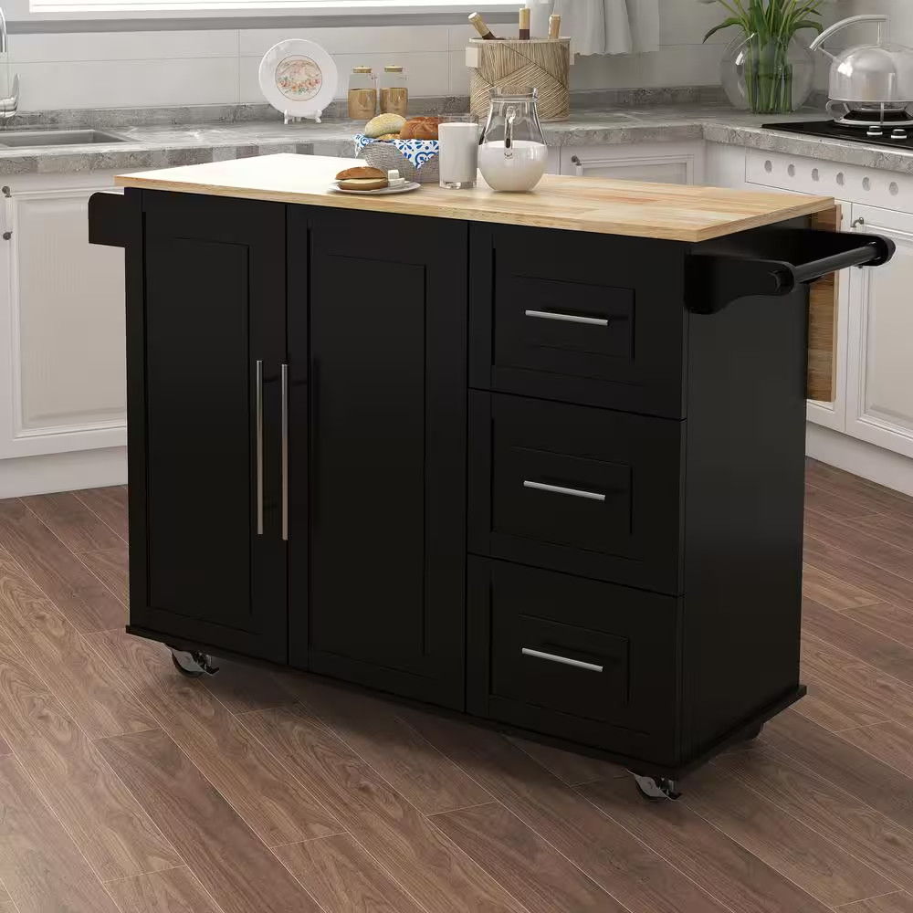 Black Kitchen Island with Spice Rack Towel Rack and Extendable Solid Wood Tablet