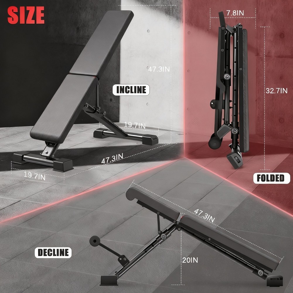 900LBS Foldable Weight Bench Adjustable Incline Decline Flat Workout Bench Press