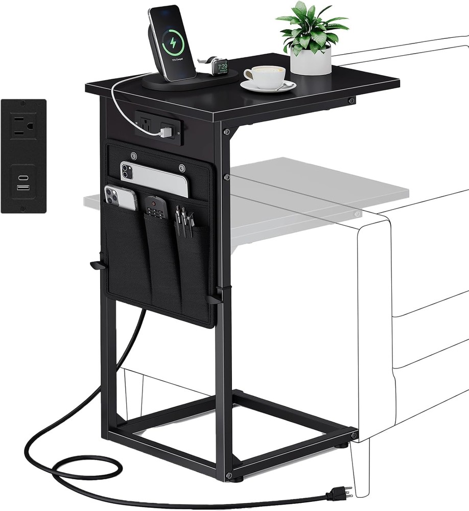 End Table W/ Charging Station Adjustable Height Side Table Couch Small C Shaped