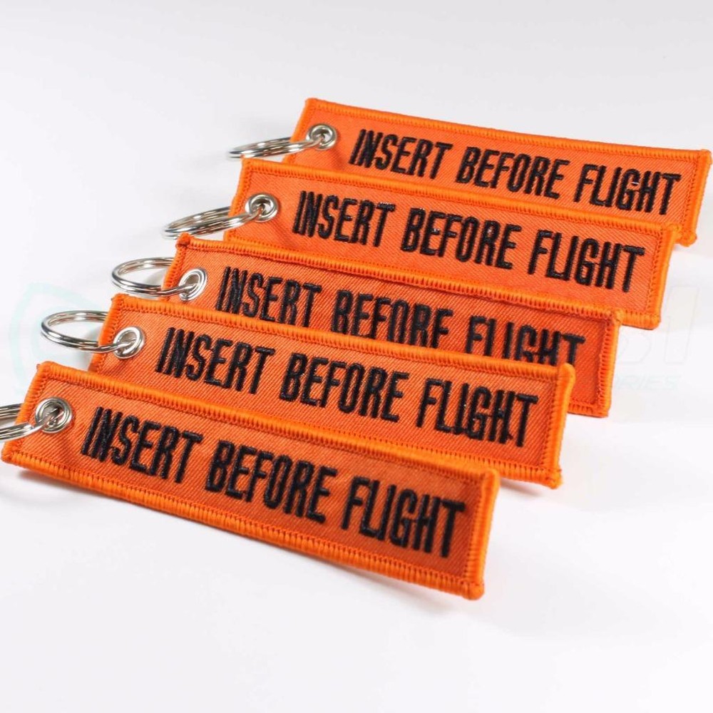 INSERT BEFORE FLIGHT QTY= 5 PCS ORANGE/black KEYCHAIN RING TAGS CABIN CREW PILOT