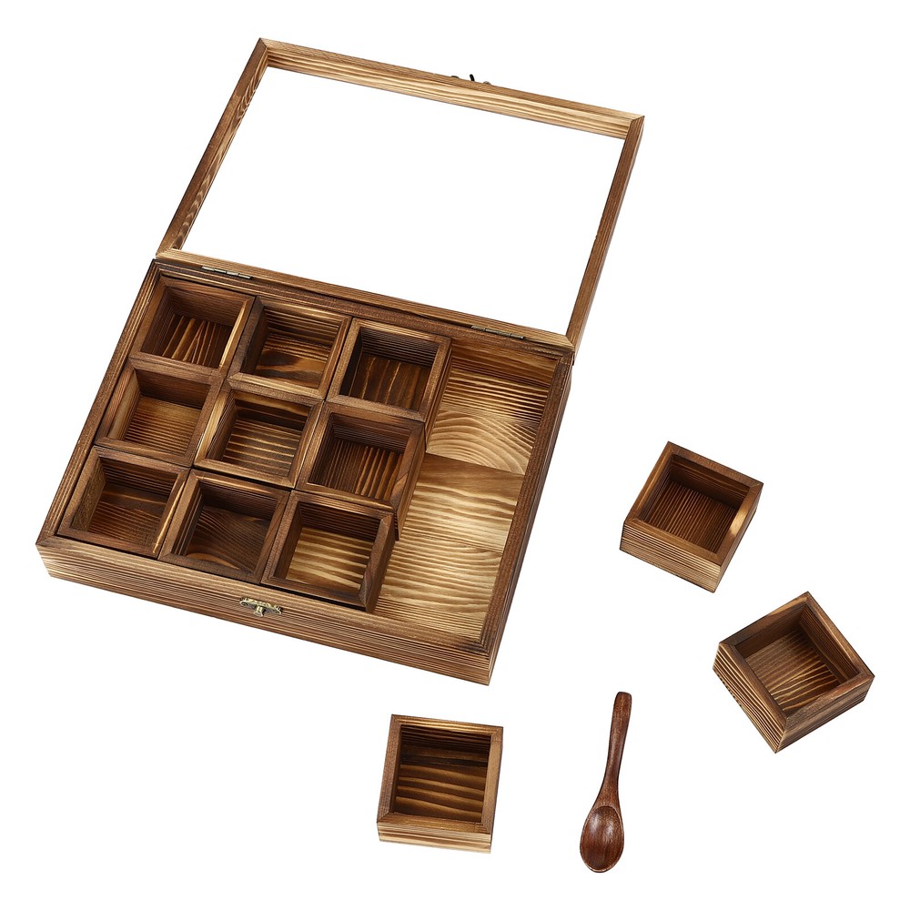 12-Compartment Wooden Spice Box with Spoon - Elegant Kitchen Storage Solution
