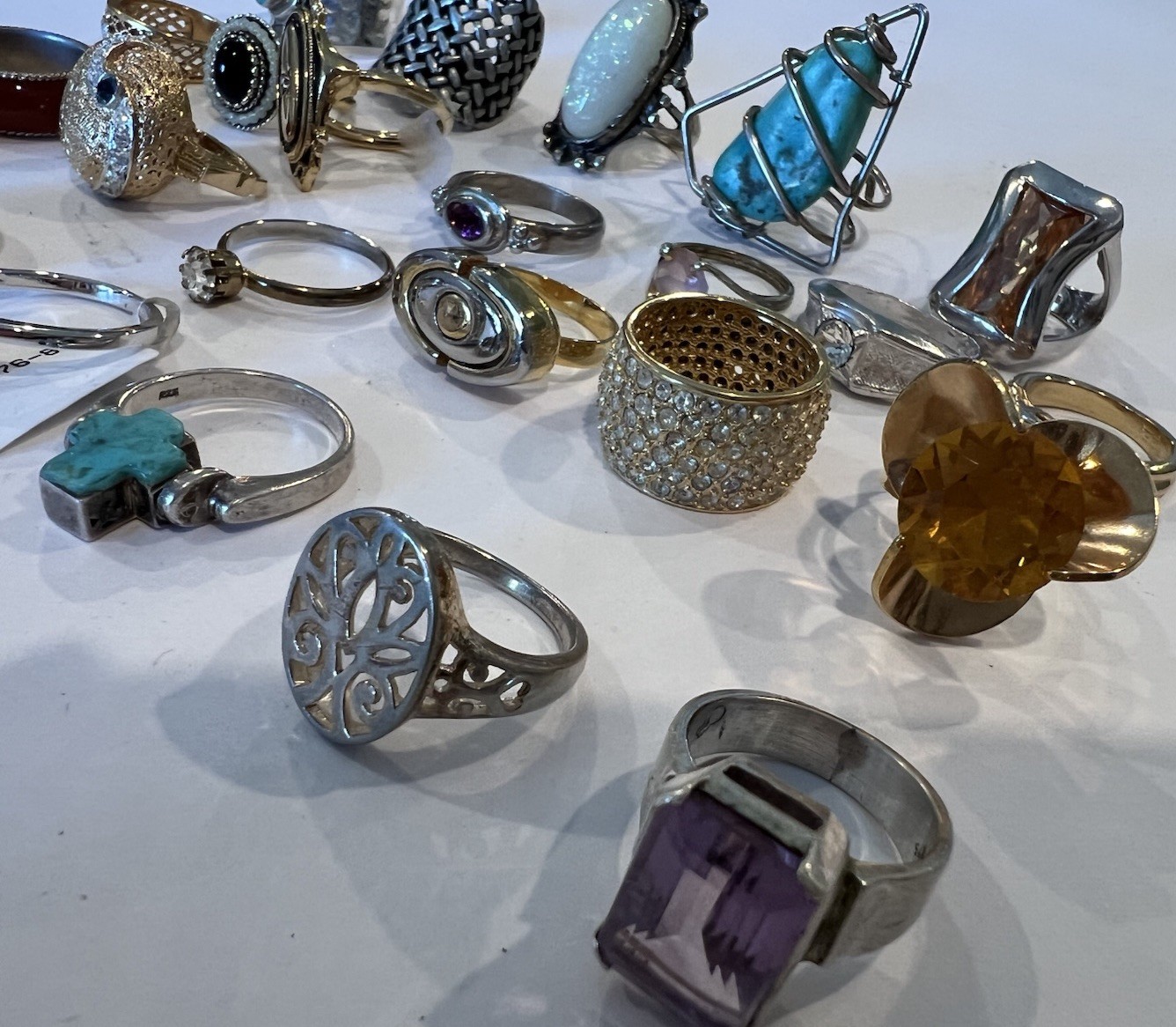 Vintage Costume Jewelry Lot Of 24 Mixed Rings w/ Gemstones Sterling Turquoise