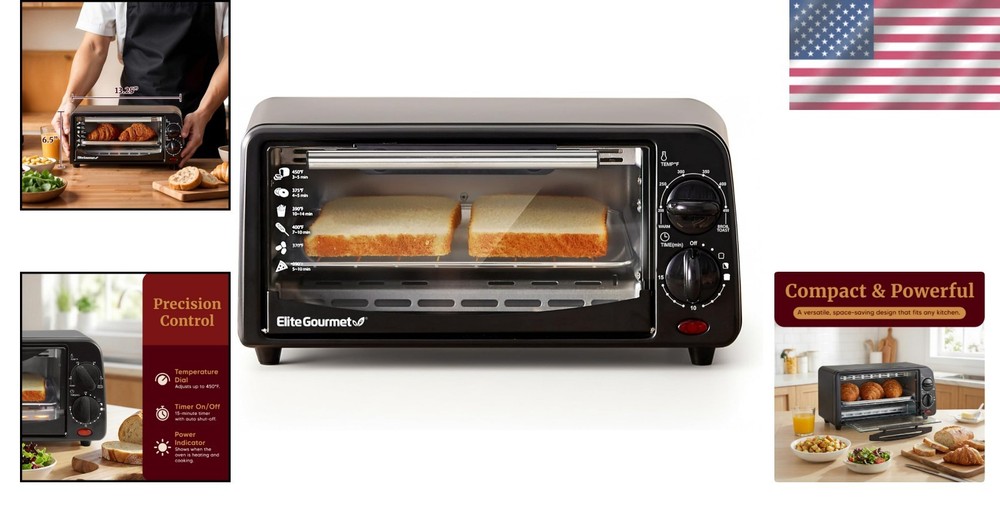 Black 2-Slice Toaster Oven - Adjustable Temp & Manual Control for Easy Cooking