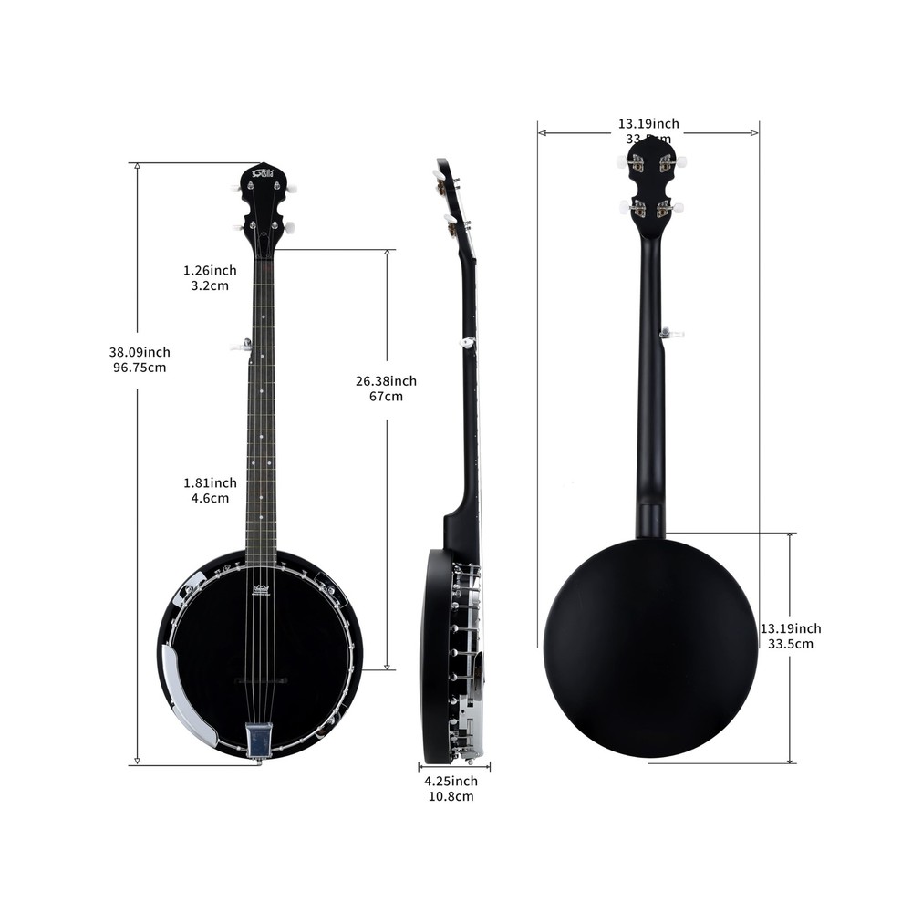 5 String Full Size Acoustic Electric Banjo Solid Back Remo Ebony Black Top Sa...