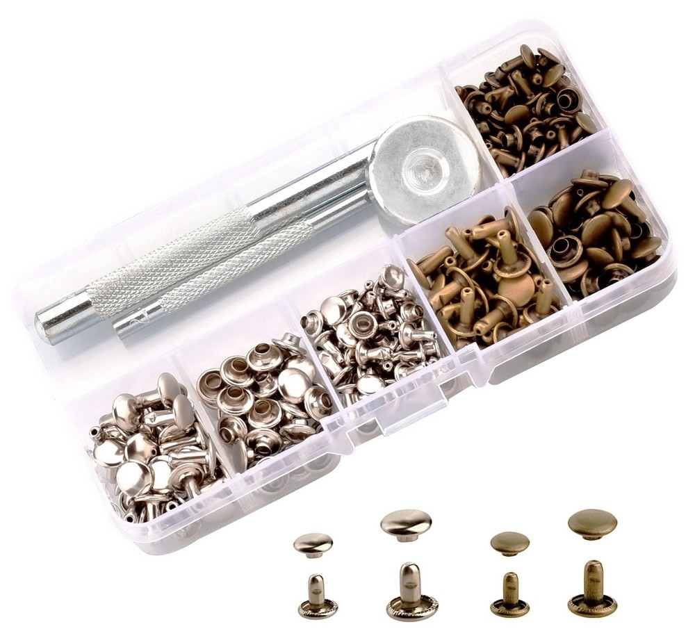 120 Sets 2 Sizes Leather Rivets Kit Double Cap Buttons, Press Studs Setting