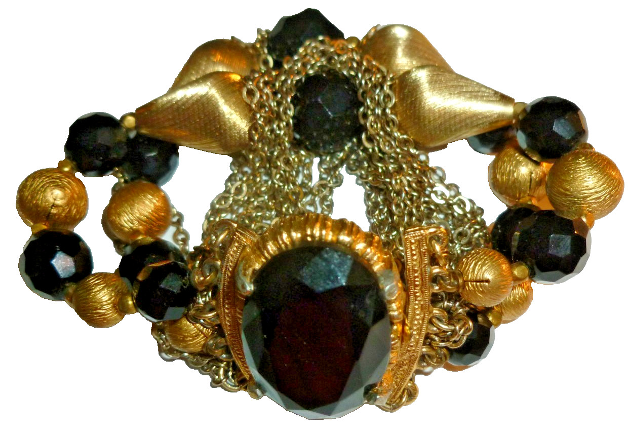 Vintage Black Faceted Rhinestone Gold Tone Bon Bons Chains Bracelet 7" Quality