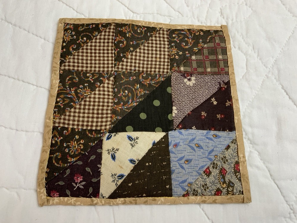 Antique Patchwork Quilt Table Topper, Nine Patch, Triangle, Early Calicos, Brown