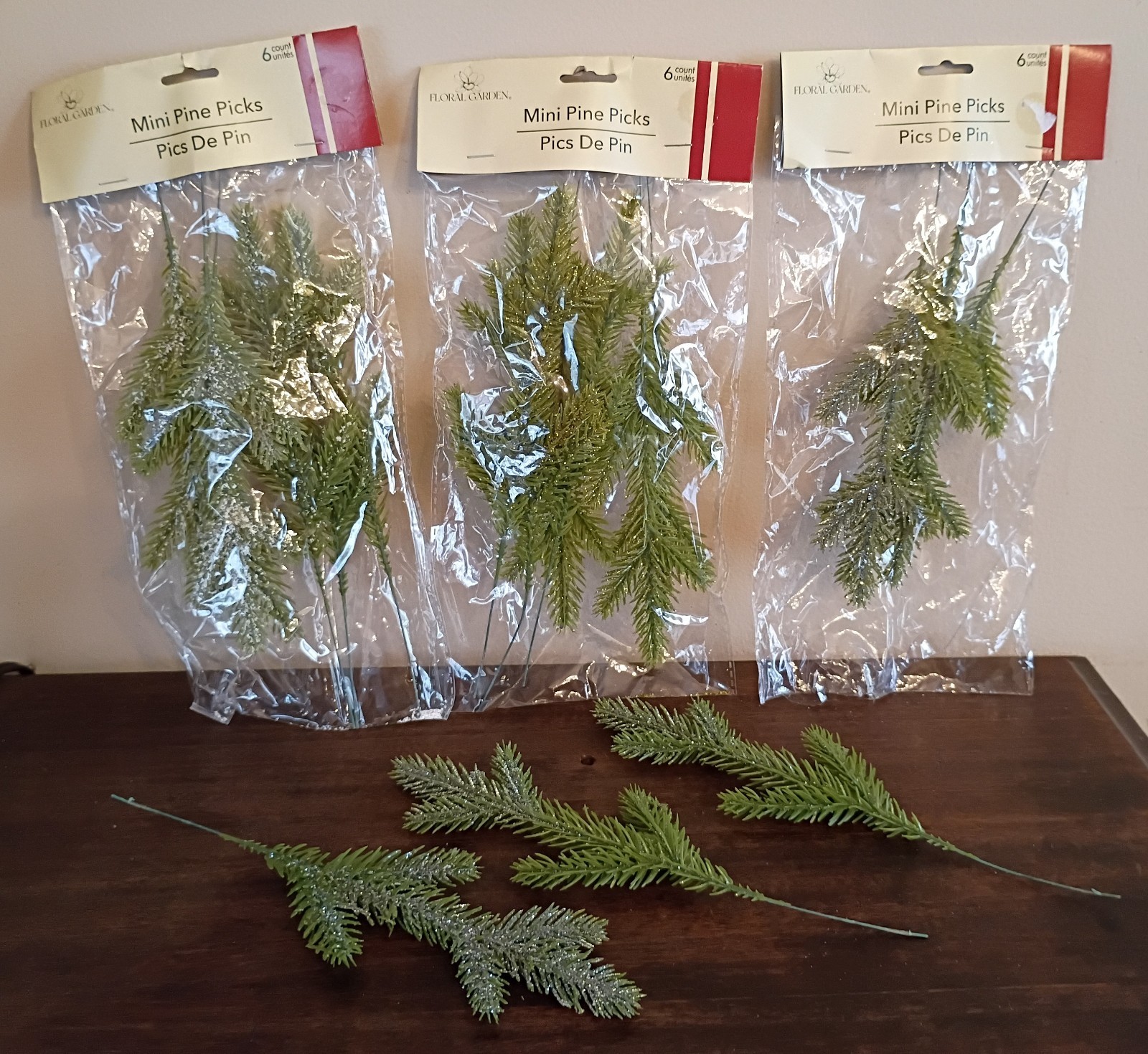 18 Pcs Mini Pine Picks, 9.5", Green Flocked & Glittery, Lot of 3 Packs Christmas