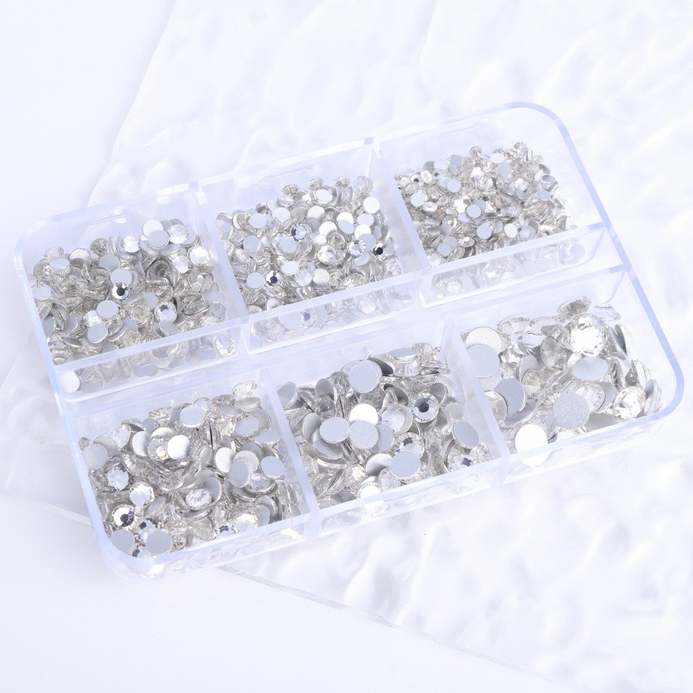 1 Box of 2000pcs Flatback Glass Rhinestones in 6 Sizes for Nail Art & Crafting