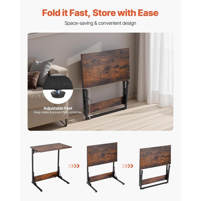 Foldable C Shaped Side Table Space Saving Portable End Stand Adjustable Legs New