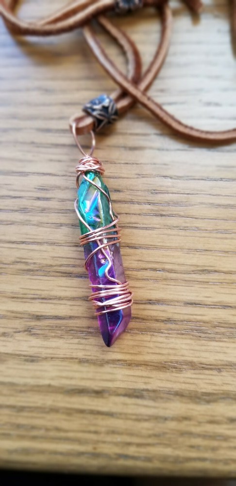 Rainbow Quartz Copper Wire Wrapped Pendant deer hyde lace adjustable