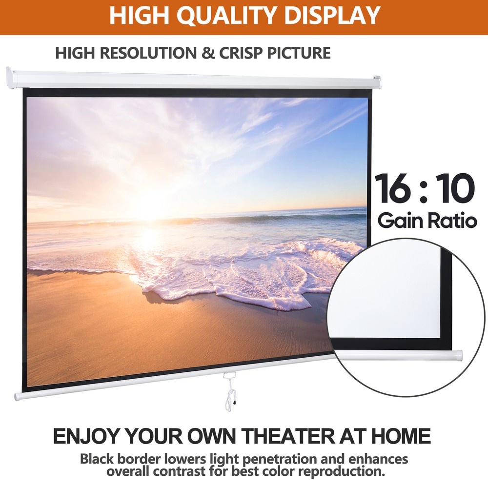 100" Diagonal Projection Screen Manual Pull Down Projector Screen 16:10 HD White
