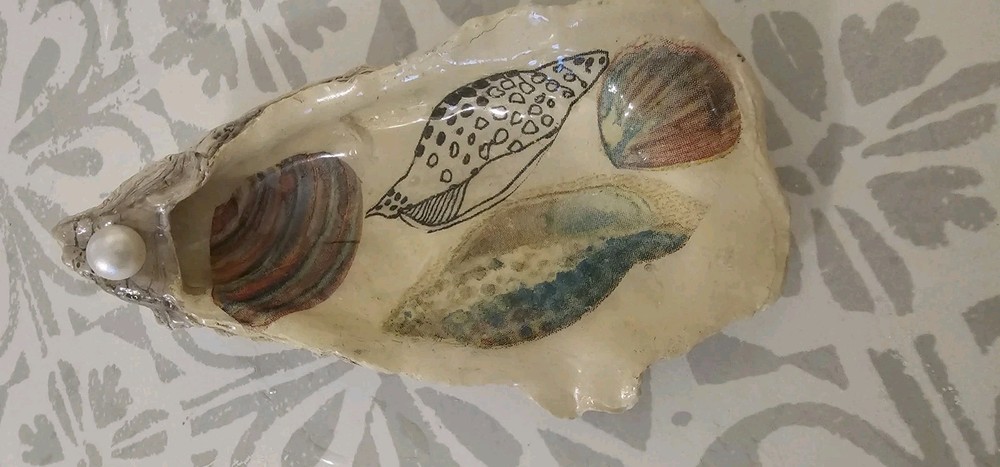 Coastal Decor Decoupaged Oyster Shell For Trinket Dish