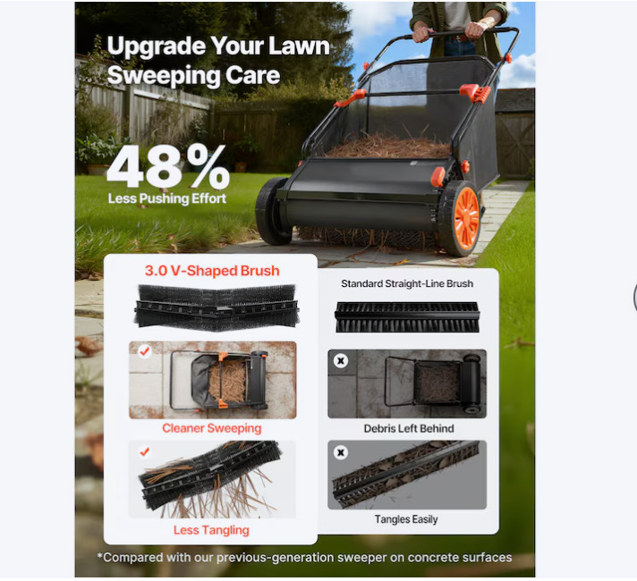 VEVOR 26" Push Lawn Sweeper – 7 Cu Ft Hopper, Adjustable Brushes