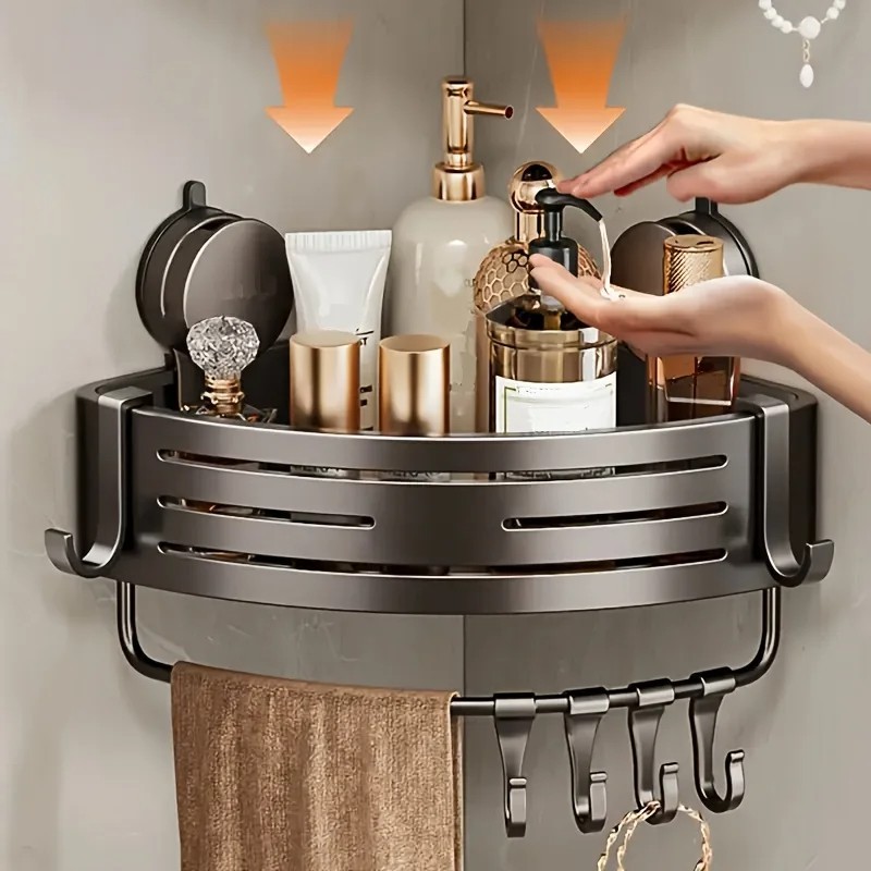 Corner Shower Shelf with Suction Cup –No Drill Bathroom Storage Rack with Hooks