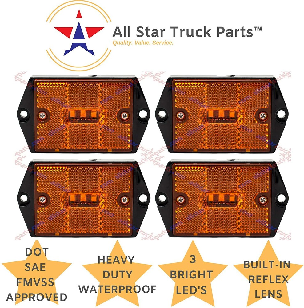 4x Square Amber 3-LED Side Marker Reflex Light Surface Mount 2-4/5" Rectangular