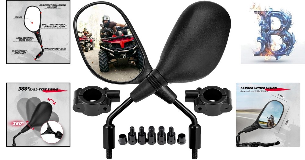ATV & Motorcycle Mirrors - 360° Adjustable, Scratch Resistant, Black