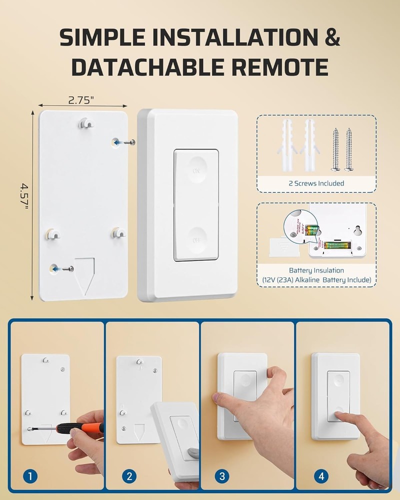 Wireless Light Switch Kit - 10A, Remote Control for Ceiling Lights, 100 Ft RF Ra