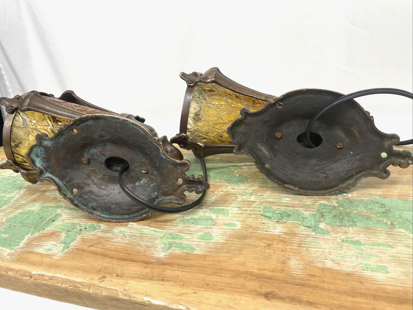 RESTORED Pair Antique Vtg Tudor Arts Crafts Wall Sconces Amber Glass Porch Light