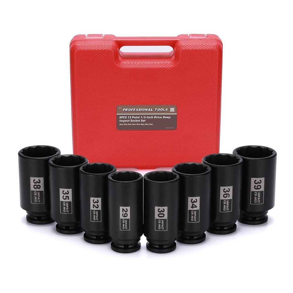 Mayouko 8PCS 1/2" Deep Axle Nut Impact Socket Set CR-MO 12 Point Design