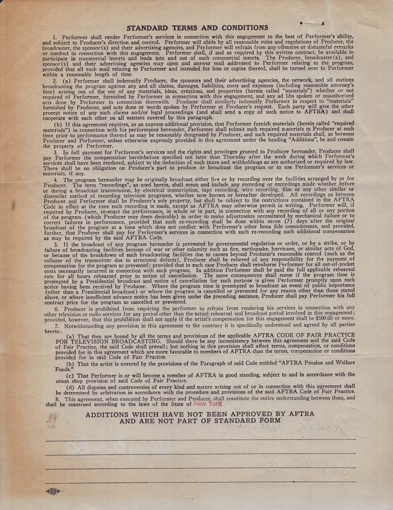 BUDDY HACKETT - ANNOTATED CONTRACT MULTI-SIGNED 12/19/1960