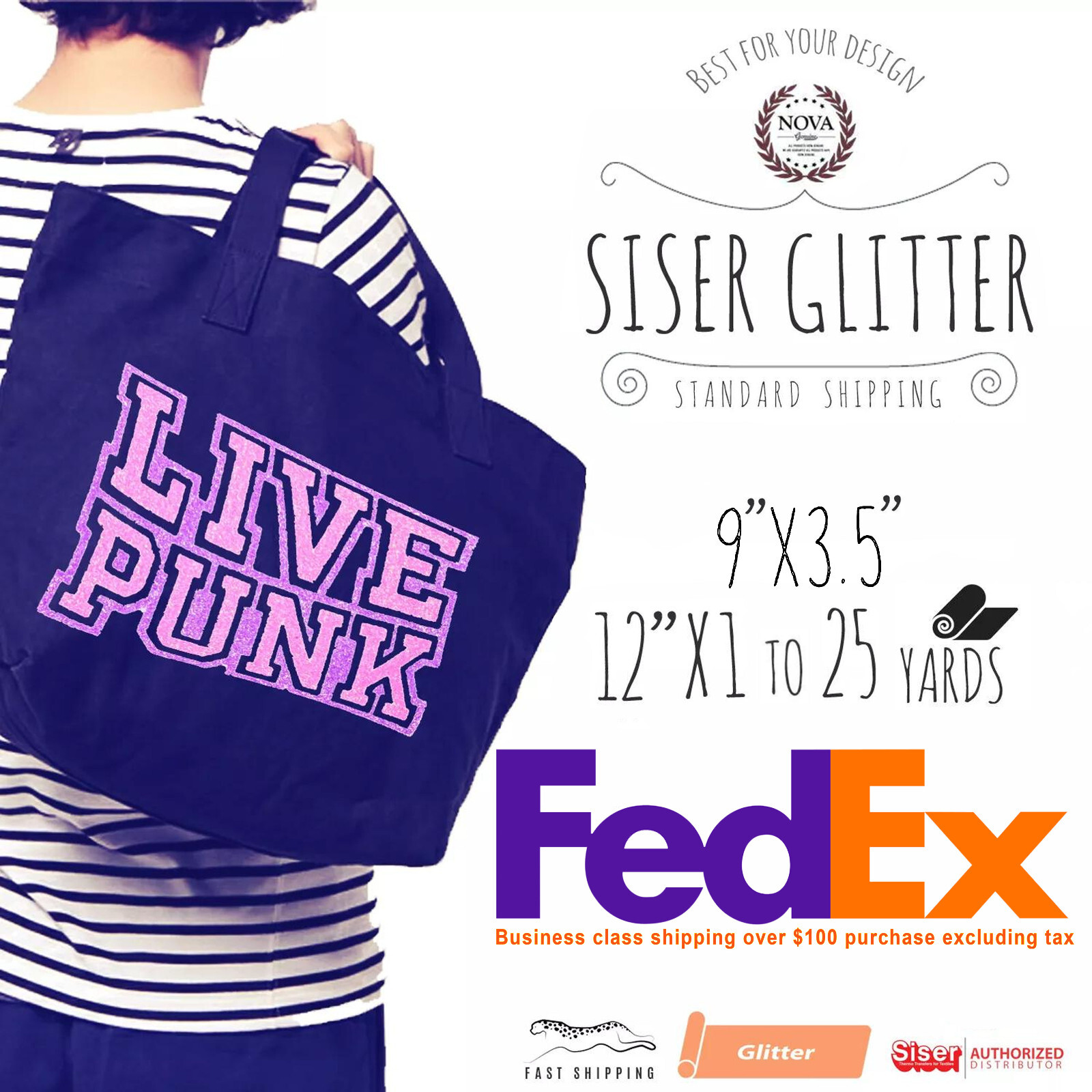 Siser Glitter IRON-ON Heat Transfer Vinyl 9"X 3.5", 12"x 1, 5 , 10 and 25 Yd