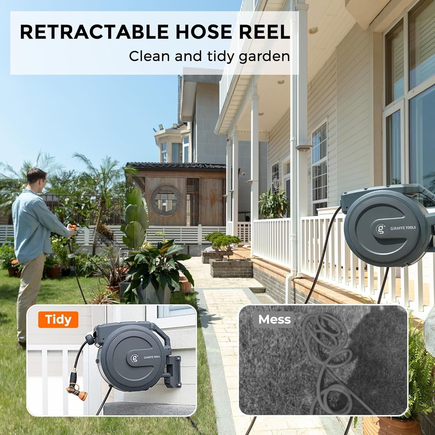 Giraffe Tools Retractable Garden Hose Reel Wall Mounted 1/2-IN 78-FT Water Hose