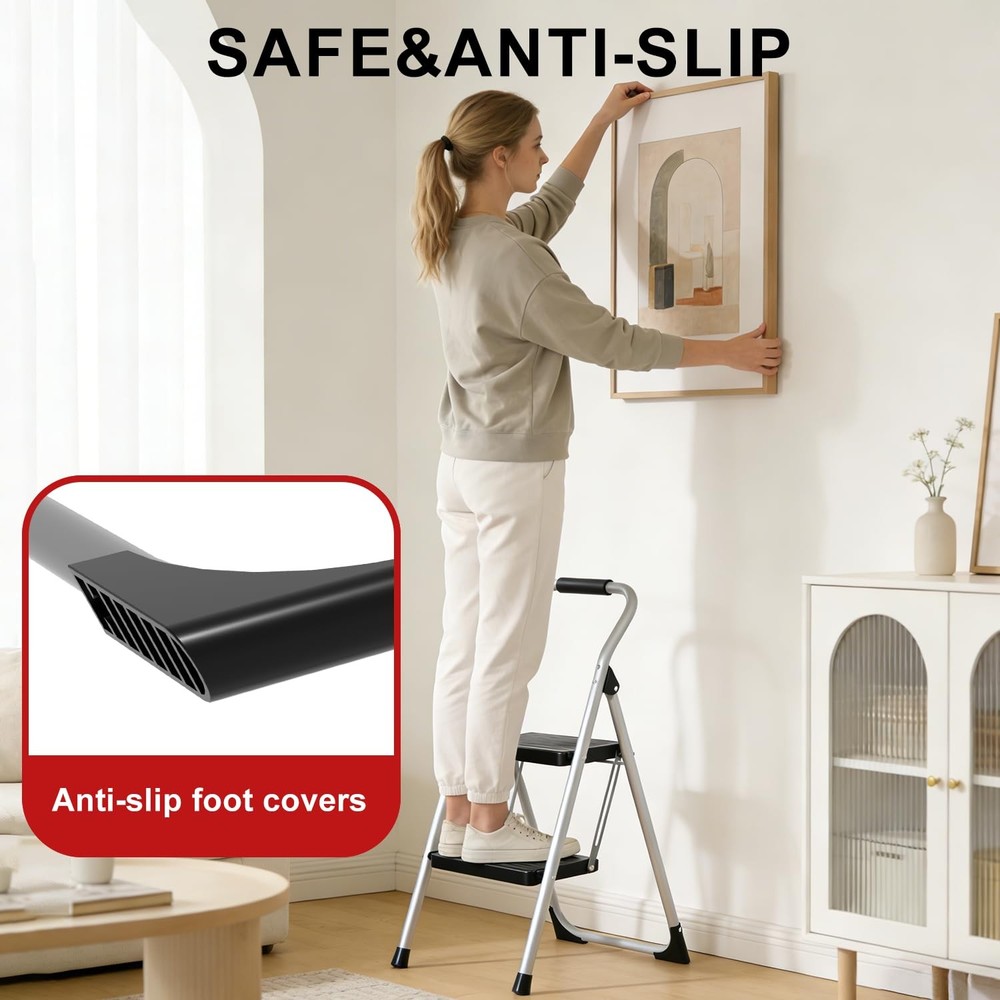 2 Step Ladder for Kitchen Step Stool, Lightweight Folding Step Stool with Cur...