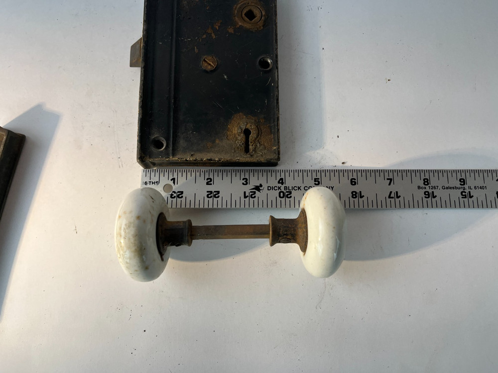 Vintage Mortise Lock Skeleton Key Catch Porcelain Knobs Spindle Escutcheon