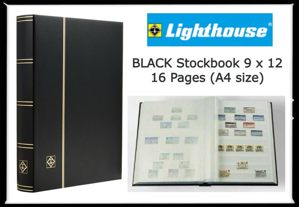 Stamp Collecting Album BLACK Lighthouse Stock Book 9x12  16 White Pages GIFT NEW