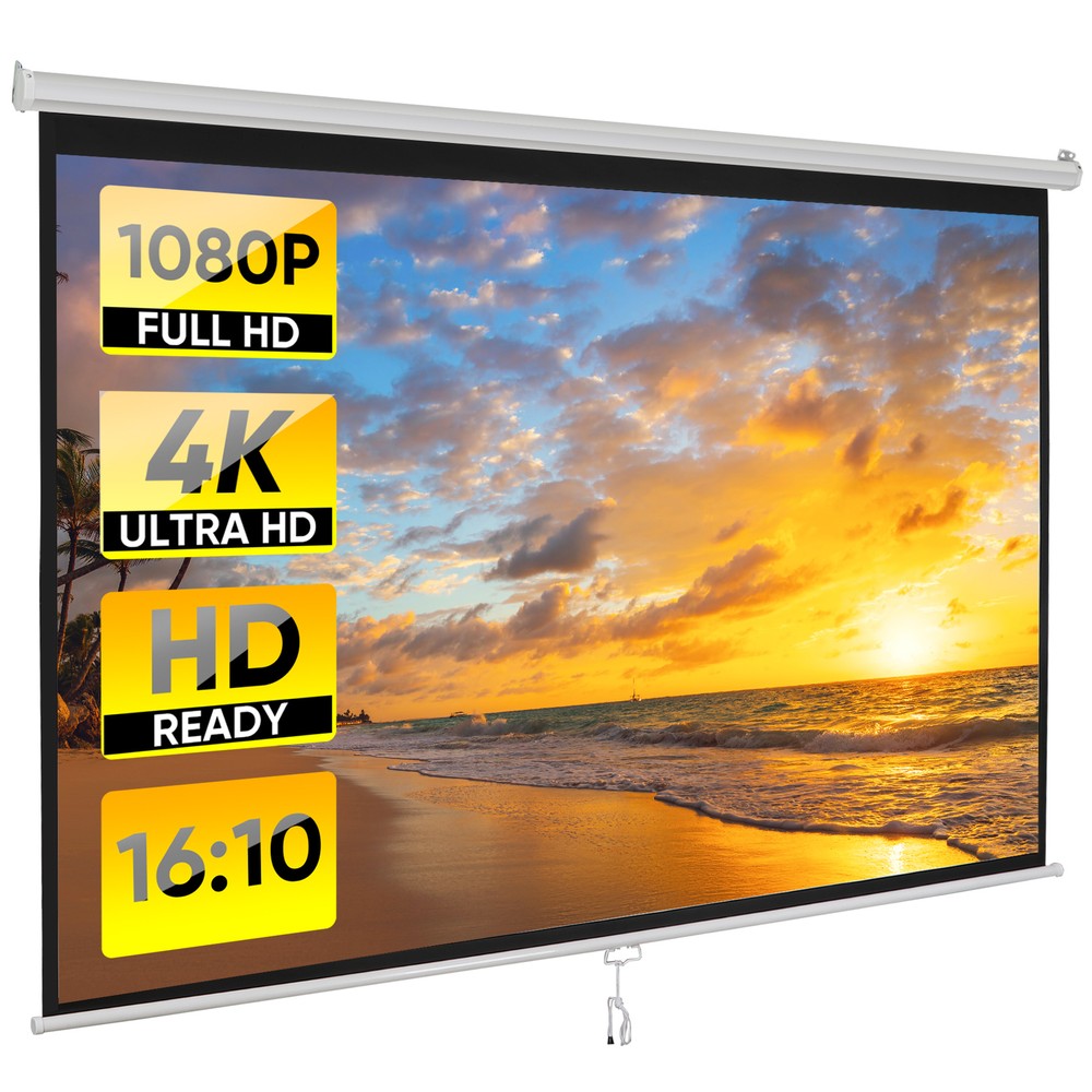 100" Diagonal Projection Screen Manual Pull Down Projector Screen 16:10 HD White