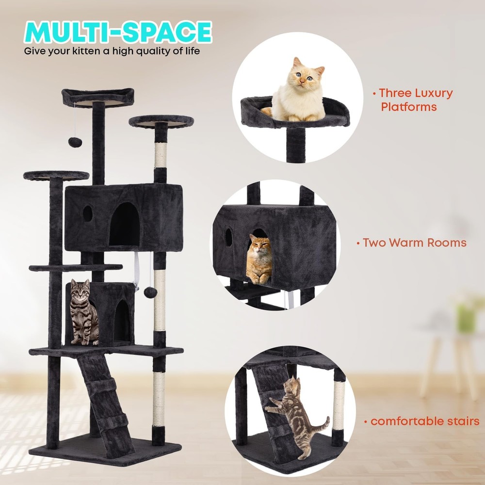 | 70" Cat Tree Tower | Dark Gray | Multi-Level Indoor Activity Center with Si...