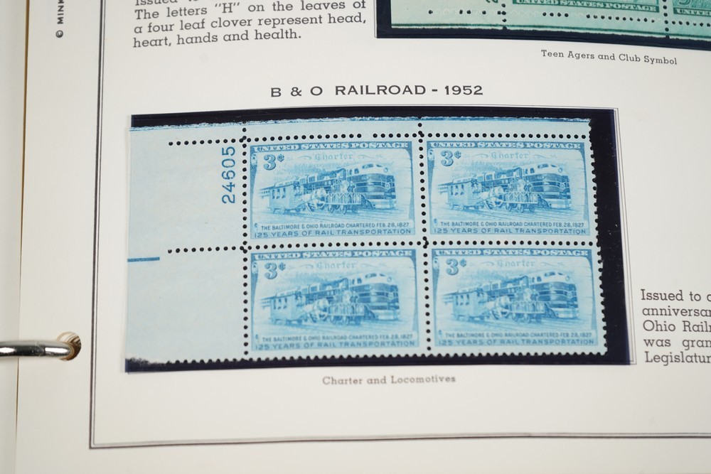 US 1950s-1960s COLLECTION OF 240 MINT PLATE BLOCKS STORED IN MINKUS ALBUM