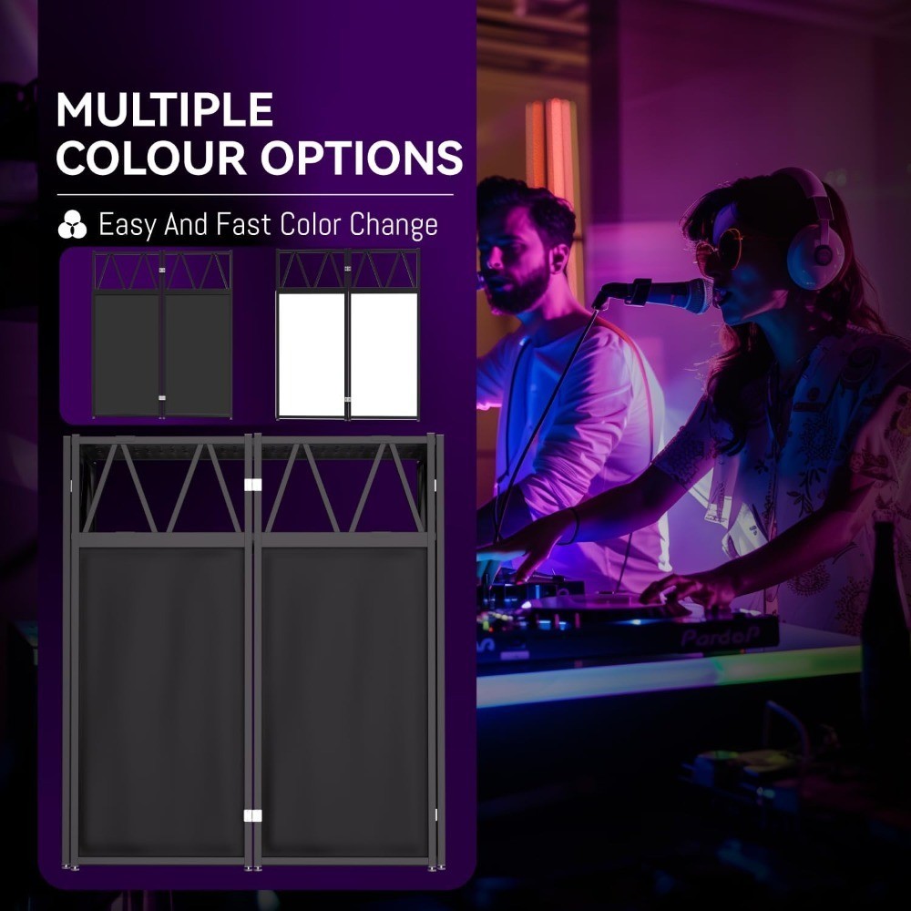 Foldable DJ Booth Table Stand with Adjustable Height White Black Scrim Facade