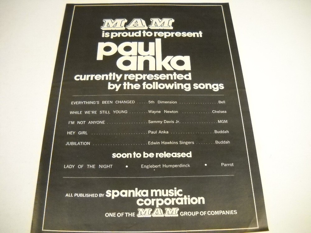 PAUL ANKA refs 5th Dimension - Wayne Newton Sammy Davis Jr. 1973 Promo Poster Ad