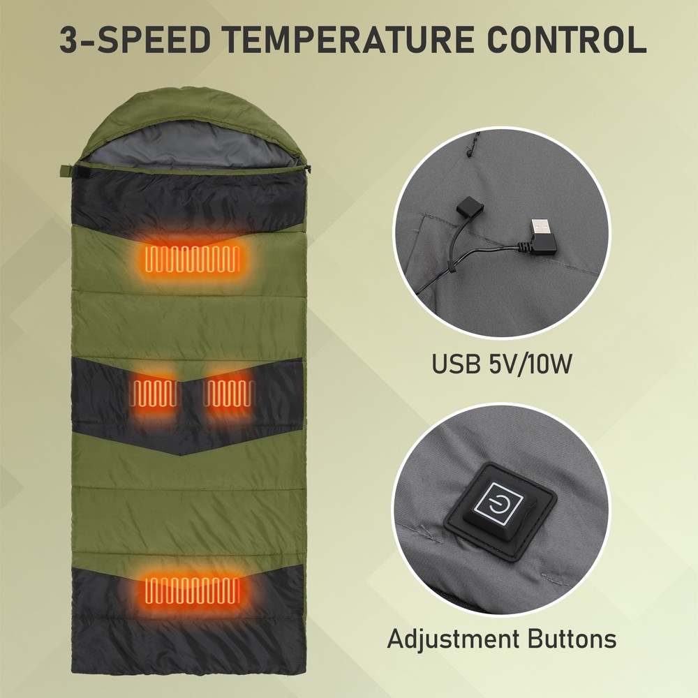 Green Rectangular Heated Sleeping Bag,USB‑Powered HeatingPad,Waterproof,210×85cm