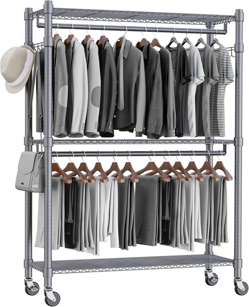 Rolling Clothes Ra Heavy Duty, 3-Tier Adjustable Wire Sheing