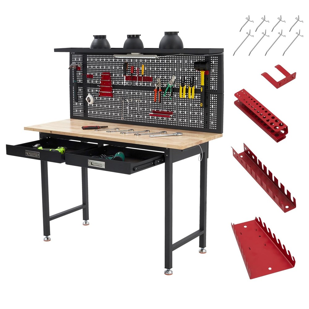 60" Adjustable Heavy Duty Workbench Work Table w/ Drawers & LED Light & Pegboard
